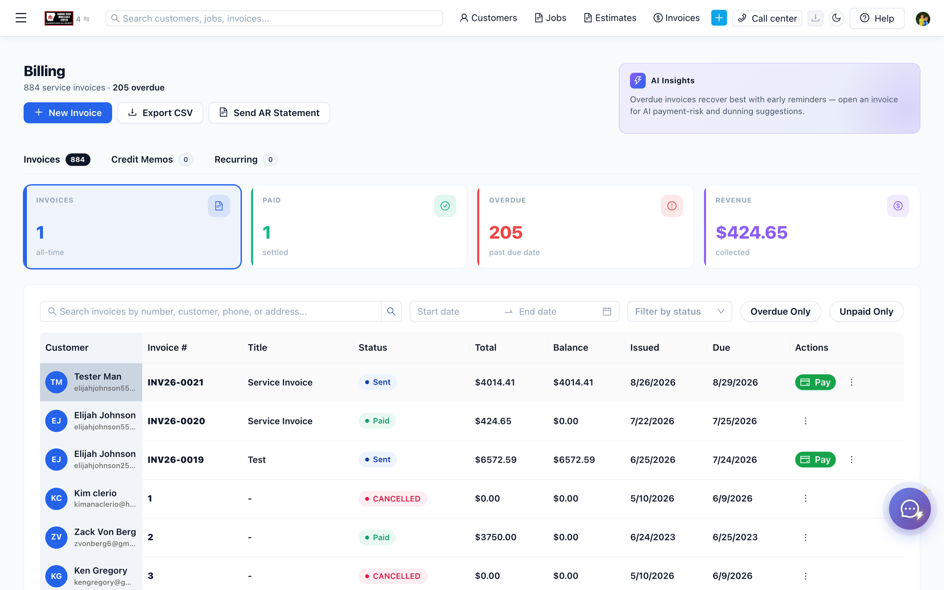 Customer CRM dashboard