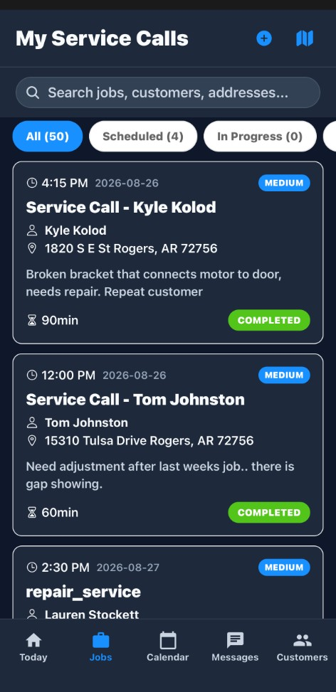 Garage Door OS technician job list on mobile
